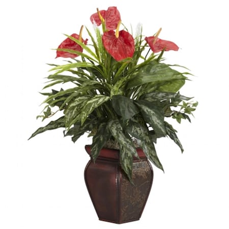 Nearly Natural Mixed Greens and Anthurium with Decorative Vase Silk Plant 6678